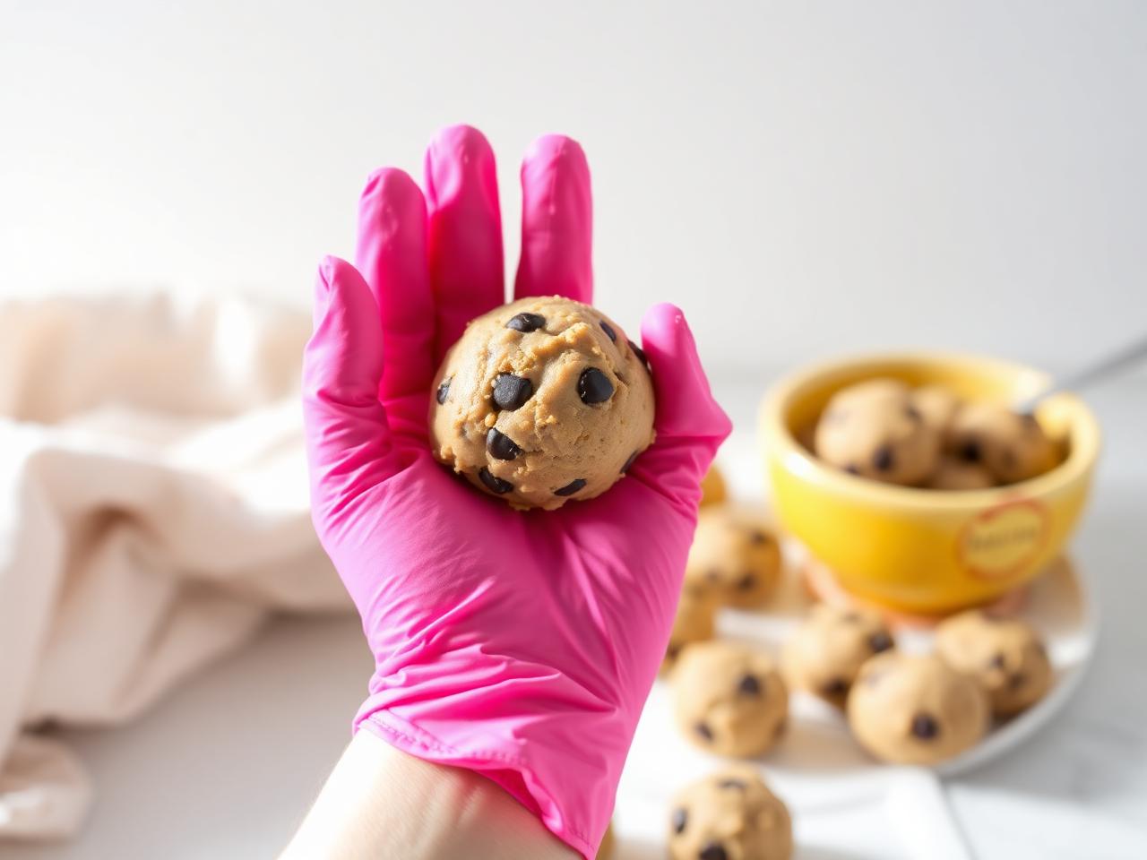 Bolinha de massa de cookie sendo preparada à mão